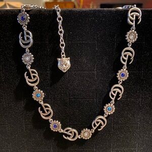 Gucci Silver Natural Stone Logo Necklace